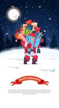 Santa Holding Stack Of Present Boxes Merry Christmas greeting Card Background Stock Illustration