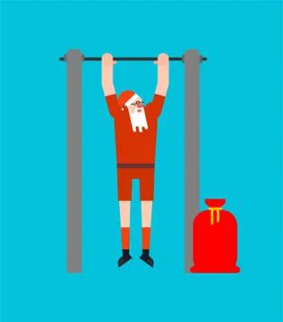 Santa on horizontal bar. Pull up granddad street workout. Old man Sport. Xmas Stock Illustration