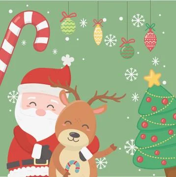 Santa hugging reindeer tree candy cane balls celebration merry christmas poster Stock Illustration