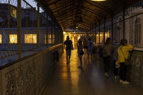 Santa Justa Elevator (Elevador de Santa Justa) in Lisbon, with tourists. Stock Photos