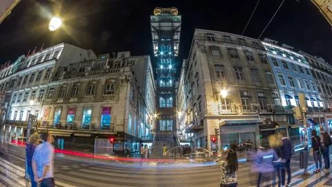 Santa Justa Elevator night timelapse in Lisbon, Portugal. Stock Photos