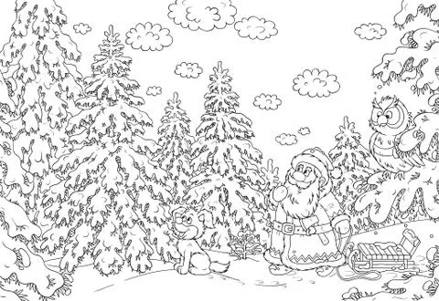 Santa looking for a Christmas tree Stock Illustration