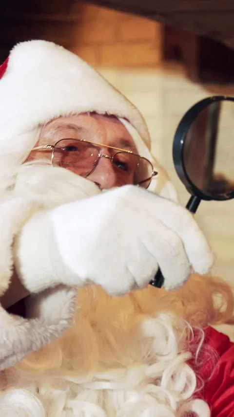 Santa looking into a globe through the magnifying glass. Portrait of old Santa Stock Footage 289543568