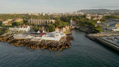 Santa Maria Lighthouse and town of Cascais on the coast of  Portugal. Stock Footage 252520207