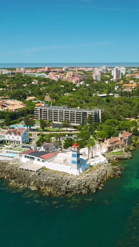 Santa Marta light house and Cascais marina with Cascais cityscape, Portugal Stock-Footage 344290668