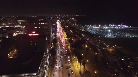 Santa Monica pacific coast highway night lights drone aerial Vidéo 52141663