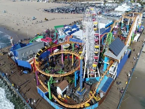 Santa Monica phantom 4 pro roller coaster Stock Footage 71944230
