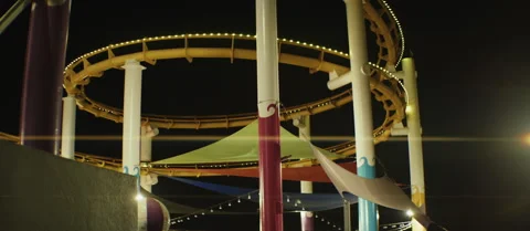 Santa Monica Pier Roller Coaster Tracks at Night Stock Footage 298866067