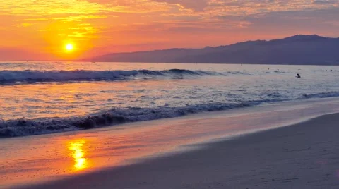 Santa Monica Pier Silhouette Sea Travel Sunset Nature Tourists Beach California Stock Footage