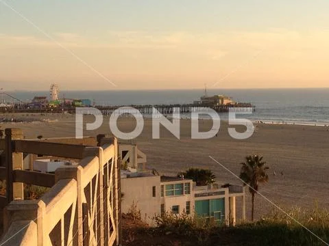 Santa Monica Pier in Summer at Dusk Stock Photos