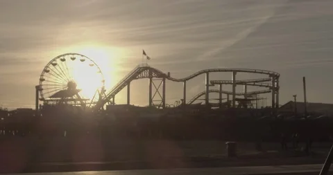 Santa Monica - Tracking Side To Side Of Pier CloseUp During Sunset Stock Footage 87383693