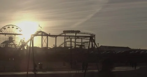 Santa Monica - Tracking Side To Side Of Pier CloseUp During Sunset Stock Footage 87383931