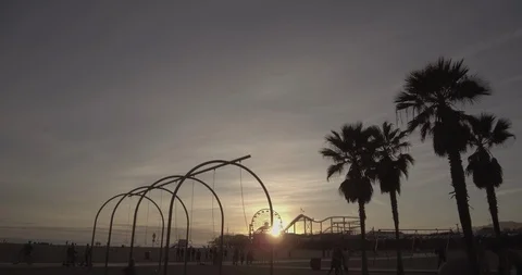 Santa Monica - Tracking Side To Side Of The Pier, Sand &amp; Recreation Equipment Stock Footage 87384610