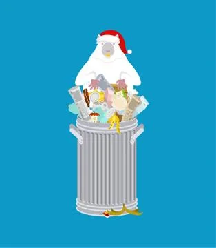 Santa Mouse in garbage can. Symbol of 2020 year. Rat in red cap. Christmas an Stock Illustration