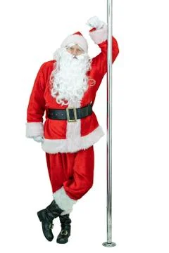 Santa is pole dancer, lean on a pylon. Smiling Santa Claus dancing with pole on Stock Photos
