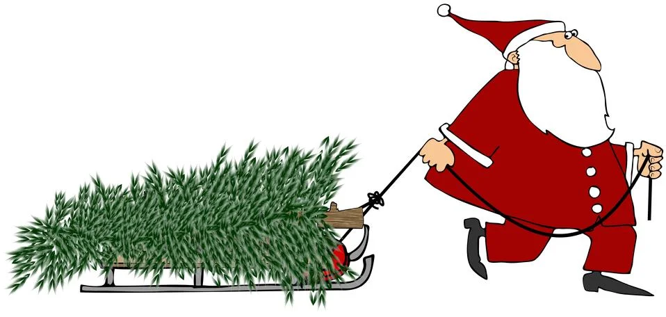 Santa pulling a Christmas tree Illustrazione stock