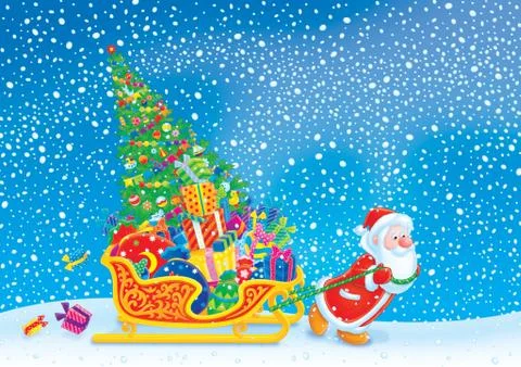 Santa pulling his sleigh Stock Illustration