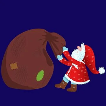 Santa pulls an unsightly huge bag of gifts Stock Illustration