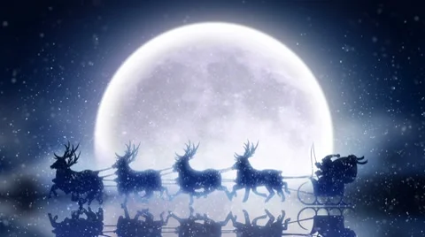 Santa with reindeer flies over moon 2 Stock Footage