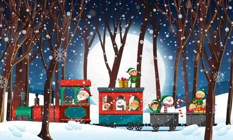 Santa riding on the train in winter Stock Illustration