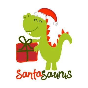 Santa Saurus - Cute t rex dinosaur design with xmas gift, Stock Illustration