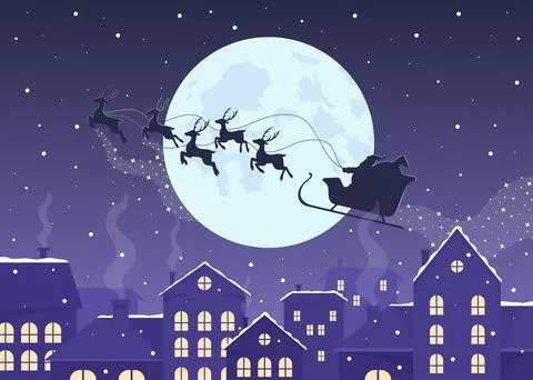 Santa sled silhouette above night cityscape flat color vector illustration Ilustração Stock