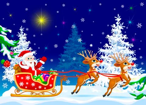 Santa on sleigh with deer Stock Illustration