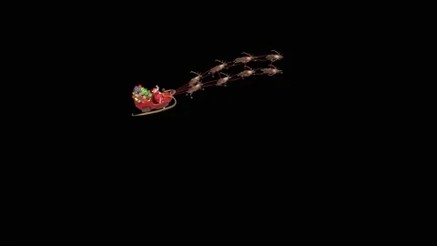 Santa Sleigh Fast Flies Front Alpha Matte Christmas Reindeer 3D Animation 4K Stock Footage