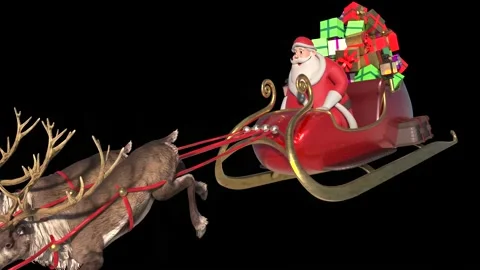 Santa Sleigh Flies Front Alpha Matte Christmas Reindeer Night 3D Rendering A Stock Footage