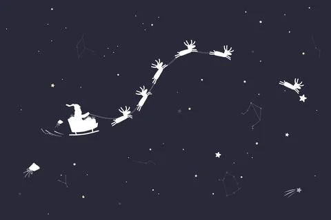 Santa Sleigh Flying Through Starry Night Sky. Vector illustration 스톡 일러스트