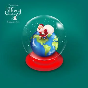 Santa stand on the earth inside the crystal ball with snow flake on red backg Stock Illustration