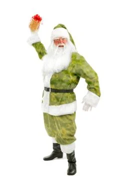 Santa Throwing a Gift on the White Background Stock Photos