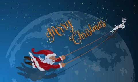 Santa without sleigh flying with deer in the winter night over over big blue Ilustração Stock