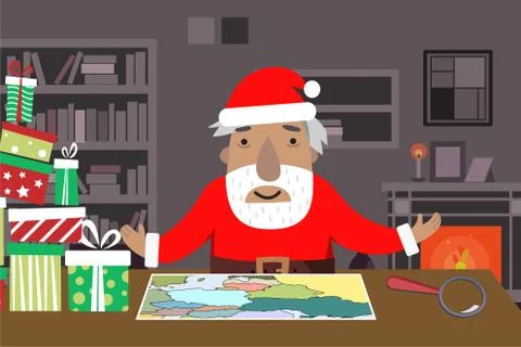 Santa Work space with map and magnifying glass, Gift Boxes, Table, Shelves Stock Illustration