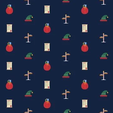 Santa workshop Christmas seamless pattern with elf hats, gift sacks, wish list Stock Illustration
