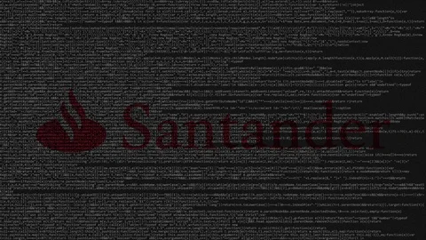 Santander Bank logo made of source code on computer screen. Editorial loopable Stock Footage 92205644