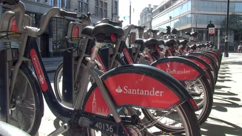 Santander Cycles in a docking station in central London Stock Footage 137279364