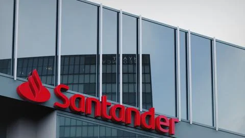 Santander Stock data presented on the logo of the office facade editorial Stock Photos