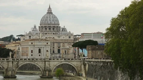Sant'Angelo arch bridge and St. Peter's Basilica in the background, Rome Stock Footage 93179067