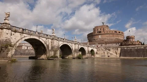 The Sant'Angelo Castle and the Bridge of Angels in Rome Stock Footage