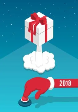Santa's hand presses the red button and launches the gift box Stock Illustration