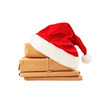Santa's hat lies on a stack of gifts wrapped in Kraft wrapping paper, Stock Photos