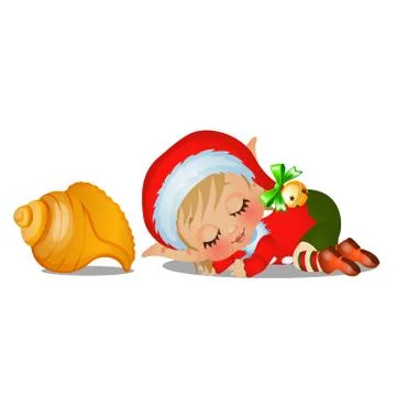 Santas helper sleeping with large seashell isolated on white background. The Stock Illustration