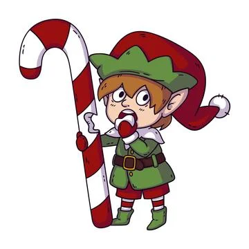 Santas little helper elf eats christmas candy. Stock Illustration