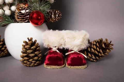 Santa's red boots, pine cones and fir tree branches Christmas background Stock Photos