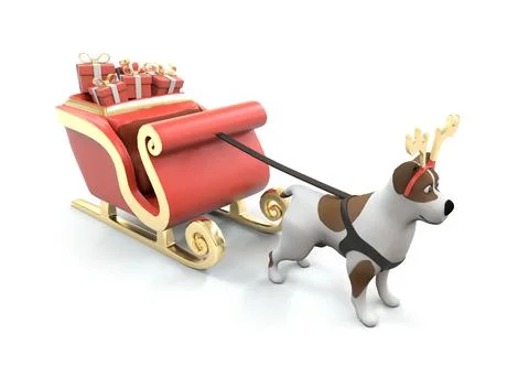 Santa's sleigh with Christmas presents pulled by a dog. 3D rendering. Stock Illustration