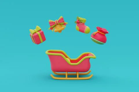 Santa's sleigh with gift box, stocking, present sack and bell. Merry Christma Stock Illustration