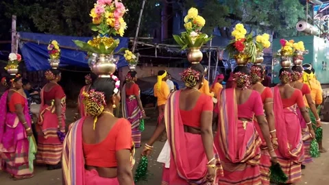Santhali flok dance performing  on road ,a ritual part of puja. Stock Footage 220045973