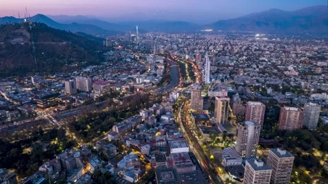 Santiago Centro Hyperlapse: Lateral Drone View Towards East at Dusk Stock Footage 311007007