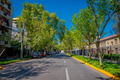 SANTIAGO, CHILE - SEPTEMBER 13, 2018: Outdoor view of stoned sidewalk under an 스톡 사진
